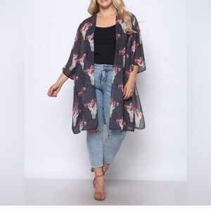 Pink Republic Chic Sheer Kimono with Floral Skull Motif Size L